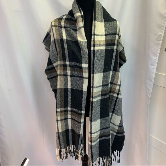 BLACK gray ivory brown plaid check warm soft fall winter unisex blanket scarf 💥 - Picture 4 of 7